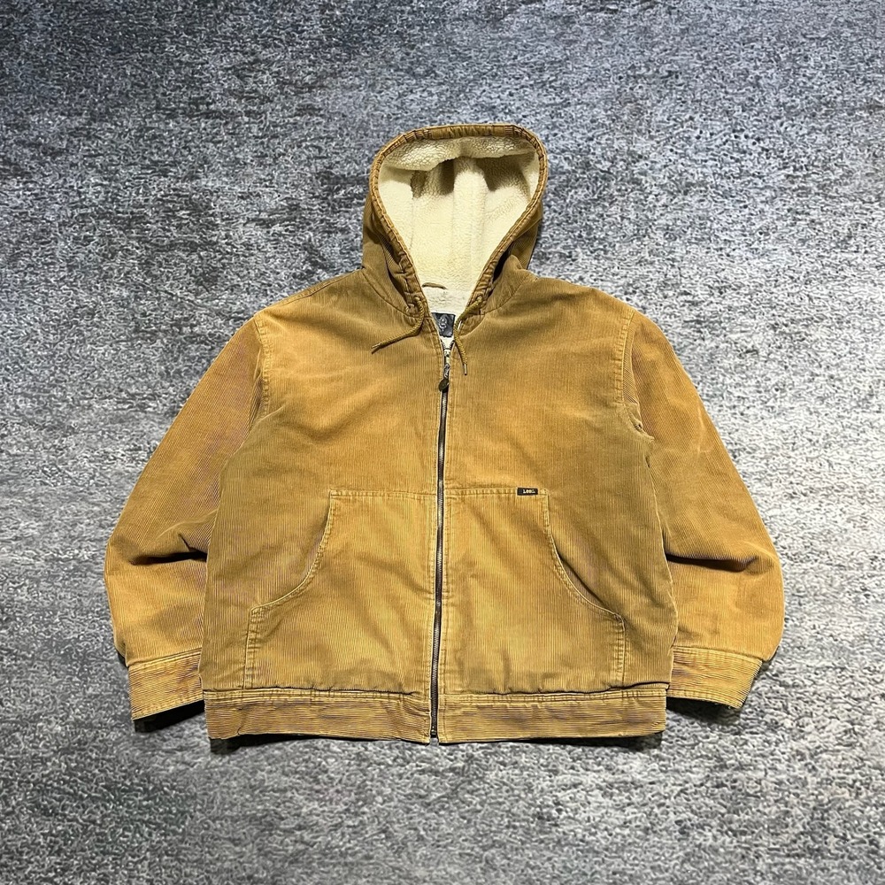 Lee Sherpa‎ Lined Corduroy Jacket Hooded Zip Up Mens Medium Tan Outerwear
